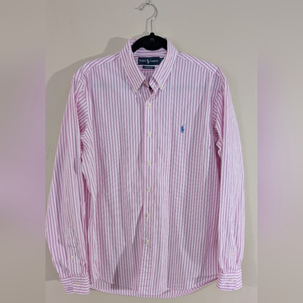 Ralph Lauren Men's Custom Fit Large Pink Stripe Button Down Collar Dress Shirt